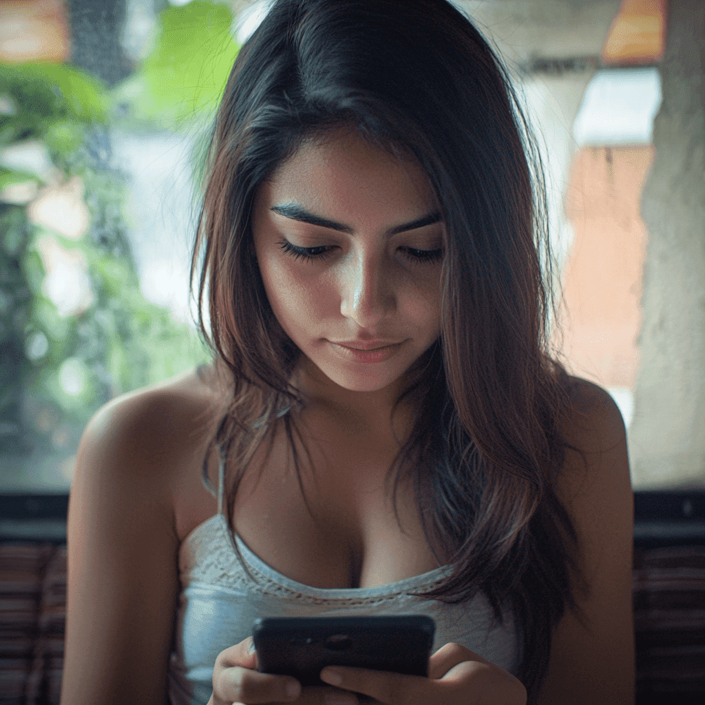 Una joven mexicana en un entorno acogedor, concentrada en su teléfono, contemplando la posibilidad de elegir 'terapia en persona'.