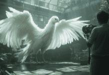 The Great Hijacking: How Donald Trump and the GOP Betrayed Christianity A journalist stands in awe before a colossal white phoenix in a jungle-like enclosure, symbolizing the resurrection of power. In a controversial move, Trump Hijacks Christianity, using powerful religious symbolism like the phoenix to fuel his narrative. Trump Betrayed Christianity