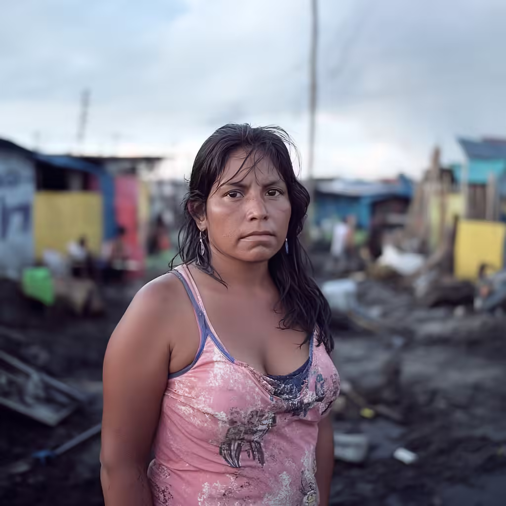 Una mujer con una expresión seria, vestida con una camiseta desgastada y de aspecto sucio, está de pie en un entorno empobrecido. El fondo muestra viviendas precarias y condiciones insalubres, lo que refleja la realidad de la pobreza y desigualdad. La imagen captura el impacto visible de las desigualdades sociales y económicas en las comunidades más vulnerables.
