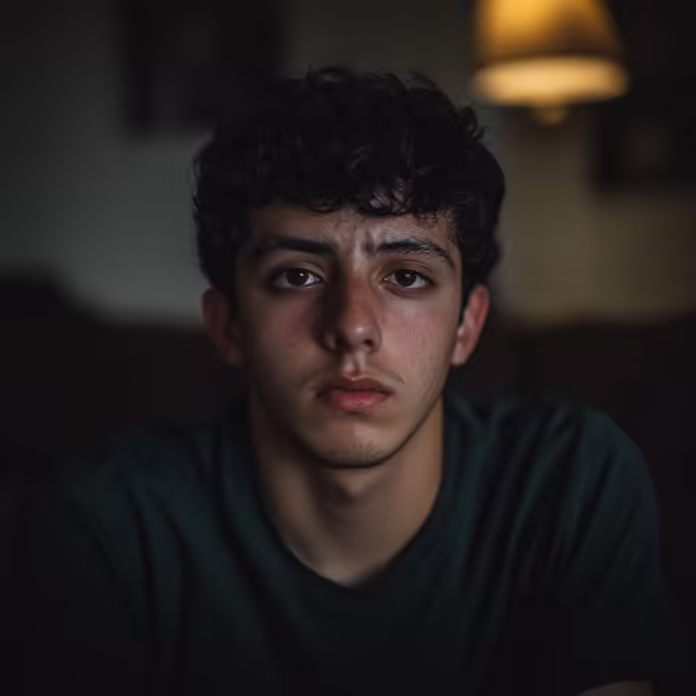 Retrato de un joven hispano con expresión seria y melancólica, representando la lucha interna y la desesperanza. Esta imagen refleja la crisis silenciosa del suicidio en jóvenes hispanos, un tema de creciente preocupación en las comunidades latinas.