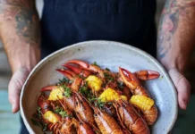 Crawfish estilo Louisiana: 5 Secretos para un Sabor Increíble Crawfish estilo Louisiana servidos en un plato rústico de cerámica, adornados con hierbas frescas y trozos de maíz. Los crawfish están perfectamente sazonados, mostrando las vibrantes cáscaras rojas y los sabores característicos de esta deliciosa especialidad sureña.