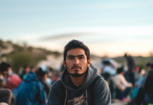Defiende tu futuro: 7 estrategias esenciales para inmigrantes indocumentados Joven sentado al aire libre entre una multitud, mirando al frente con una expresión de determinación. La imagen captura un momento de resiliencia y reflexión, simbolizando el espíritu de 'Defiende tu futuro' frente a los desafíos.