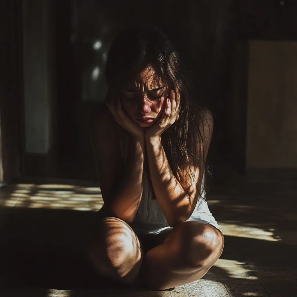 Una mujer joven sentada en el suelo, con las manos sosteniendo su rostro en un gesto de angustia y tristeza, iluminada por rayos de luz que atraviesan una ventana. Representa las secuelas emocionales del trauma religioso.