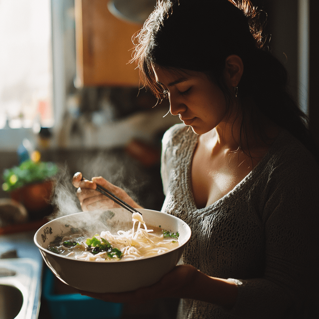 Mujer hispana sosteniendo un tazón humeante de Pho para Hispanos, mezclando fideos de arroz y cilantro en una cocina iluminada.
