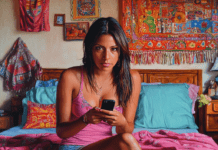 Mensajes Primera Cita: ¿Por Qué Son Tan Decisivos? Una mujer en un ambiente bohemio sentada sobre su cama, sosteniendo su teléfono y reflexionando sobre sus mensajes primera cita.