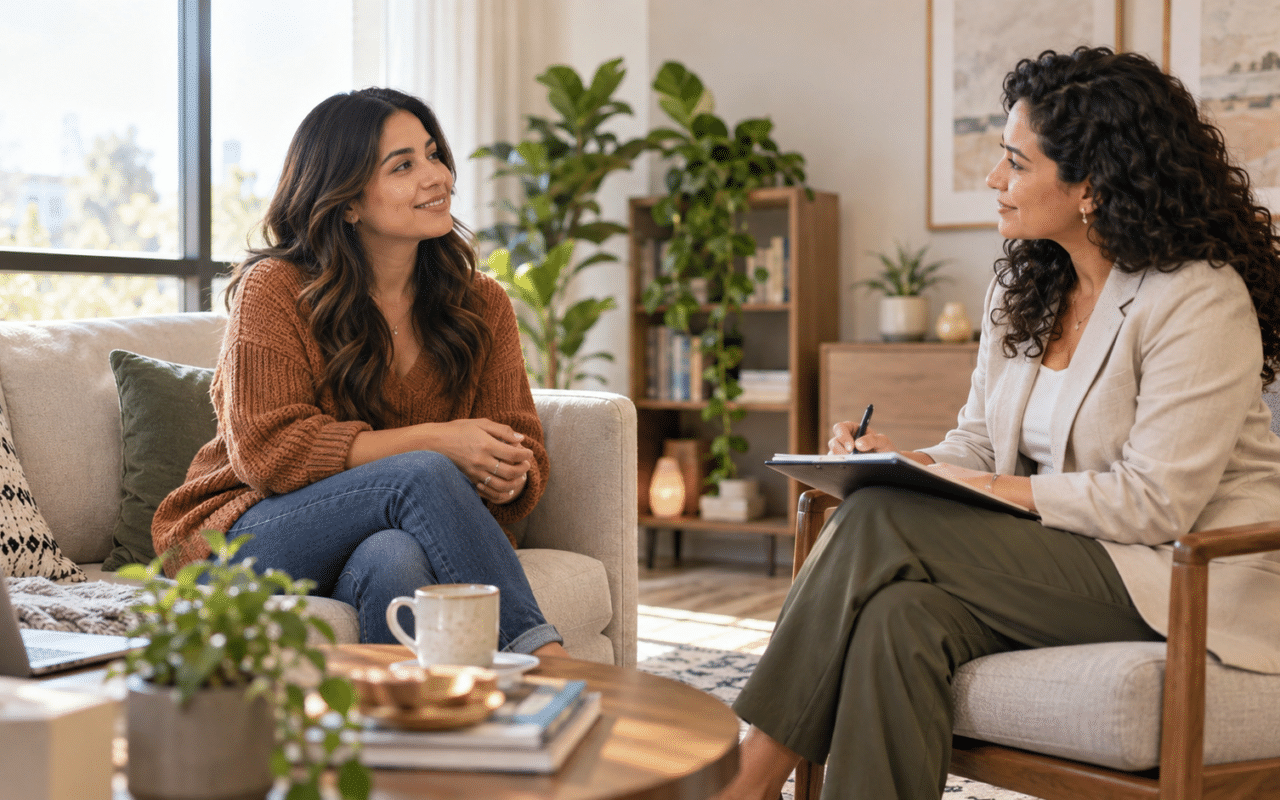 Mujer conversa con una psicóloga hispanohablante que la escucha y toma notas en un consultorio luminoso y acogedor.