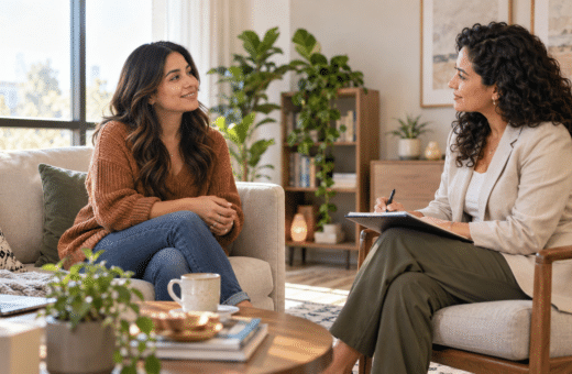 Mujer conversa con una psicóloga hispanohablante que la escucha y toma notas en un consultorio luminoso y acogedor.
