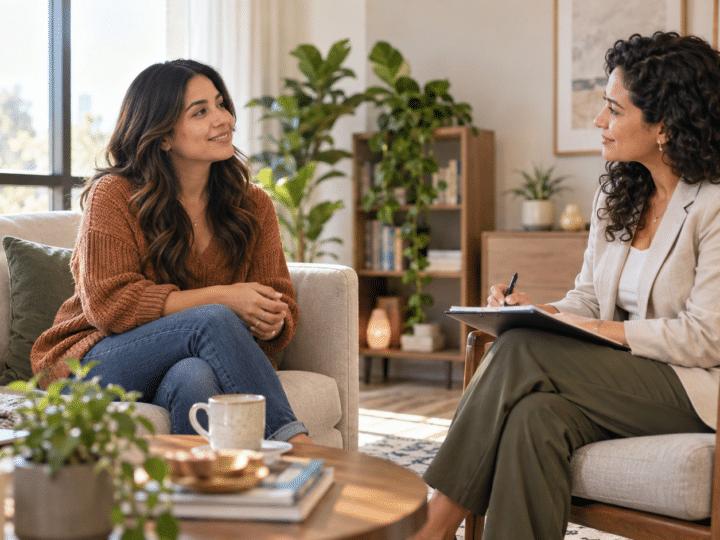 Mujer conversa con una psicóloga hispanohablante que la escucha y toma notas en un consultorio luminoso y acogedor.
