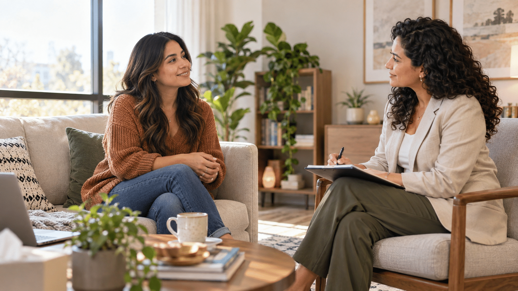 Mujer conversa con una psicóloga hispanohablante que la escucha y toma notas en un consultorio luminoso y acogedor.
