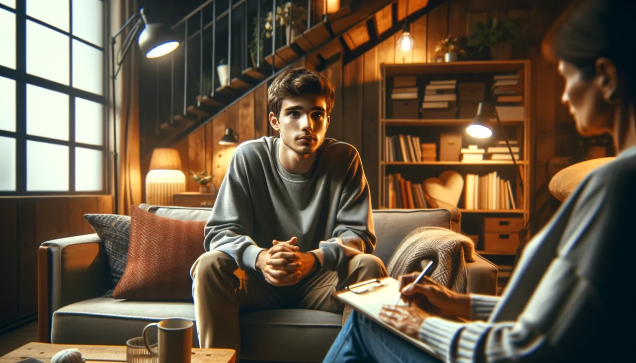 Millennial in a cozy therapy session, representing the idea of 'Terapia nueva iglesia millennials,' with the therapist attentively listening and taking notes in a warmly lit room.