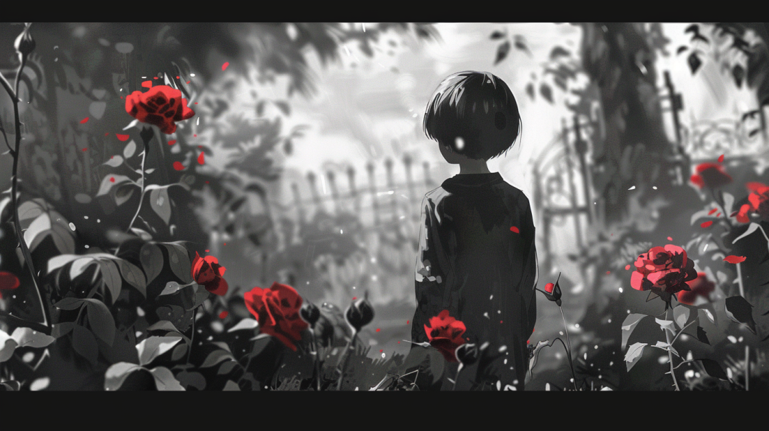 Niño de espaldas en un jardín con rosas rojas, simbolizando la lucha por superar prejuicios e inclusión en un entorno de ensueño.