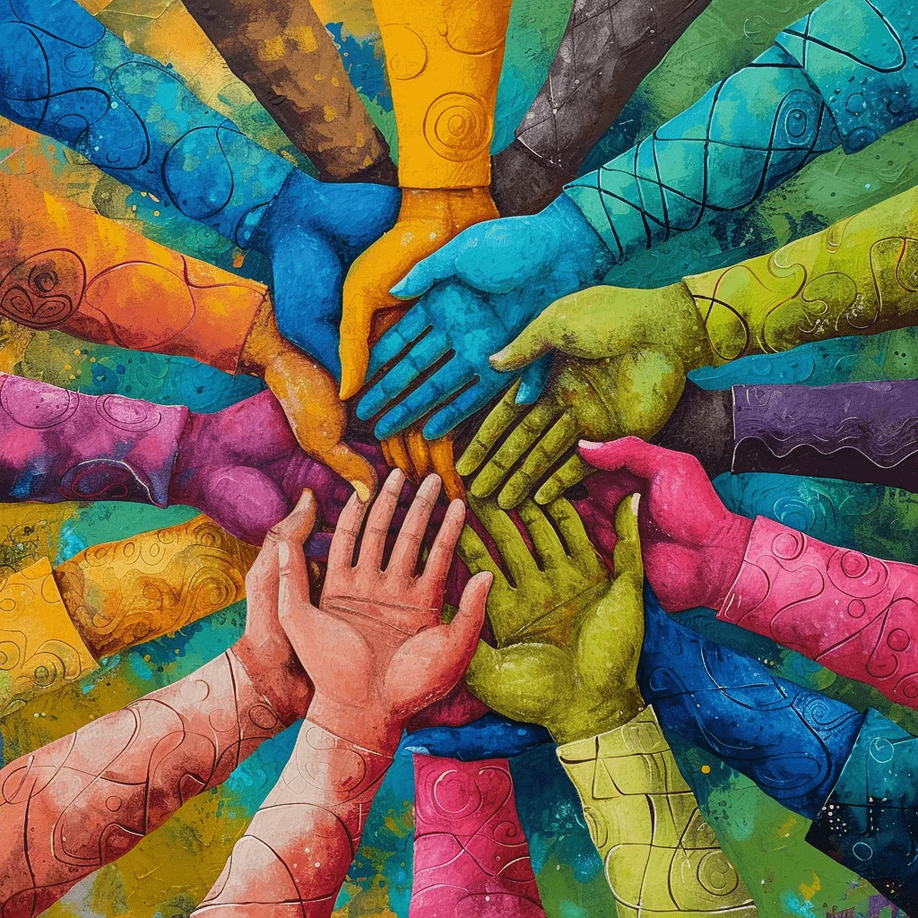 Ilustración vibrante de manos de colores unidas en un círculo, simbolizando la unidad, el perdón y la paz mental.