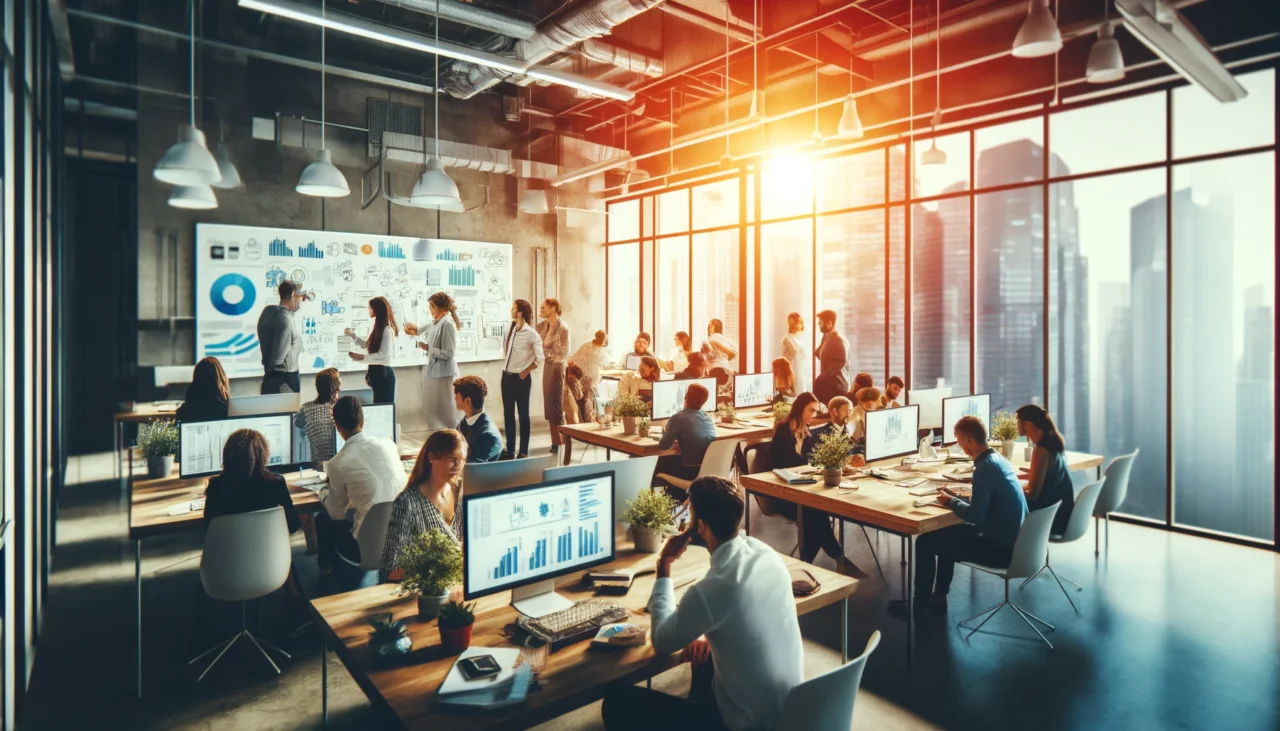 Oficina moderna con empleados colaborando y resolviendo problemas, destacando soluciones a problemas laborales.