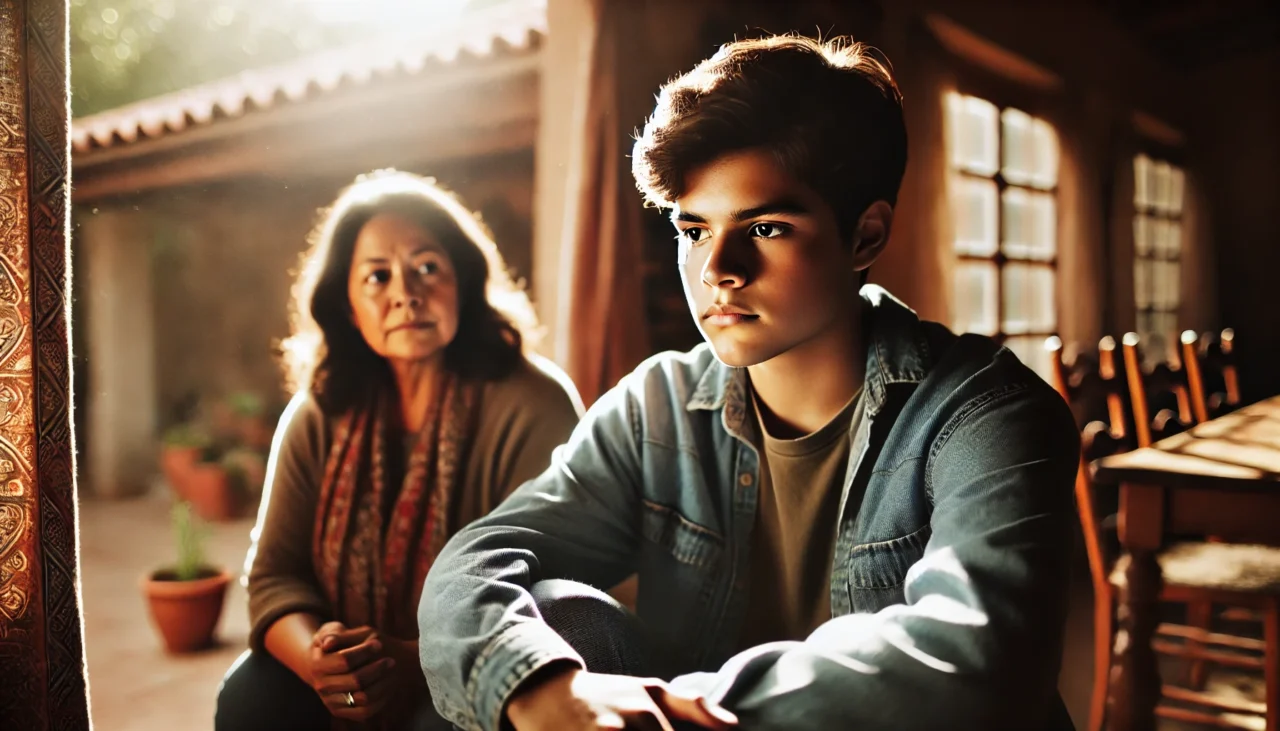 Familia mexicana en un entorno acogedor, con un padre con una enfermedad mental y su hijo, ambos mostrando expresiones de preocupación y reflexión, representando el impacto emocional en la dinámica familiar.