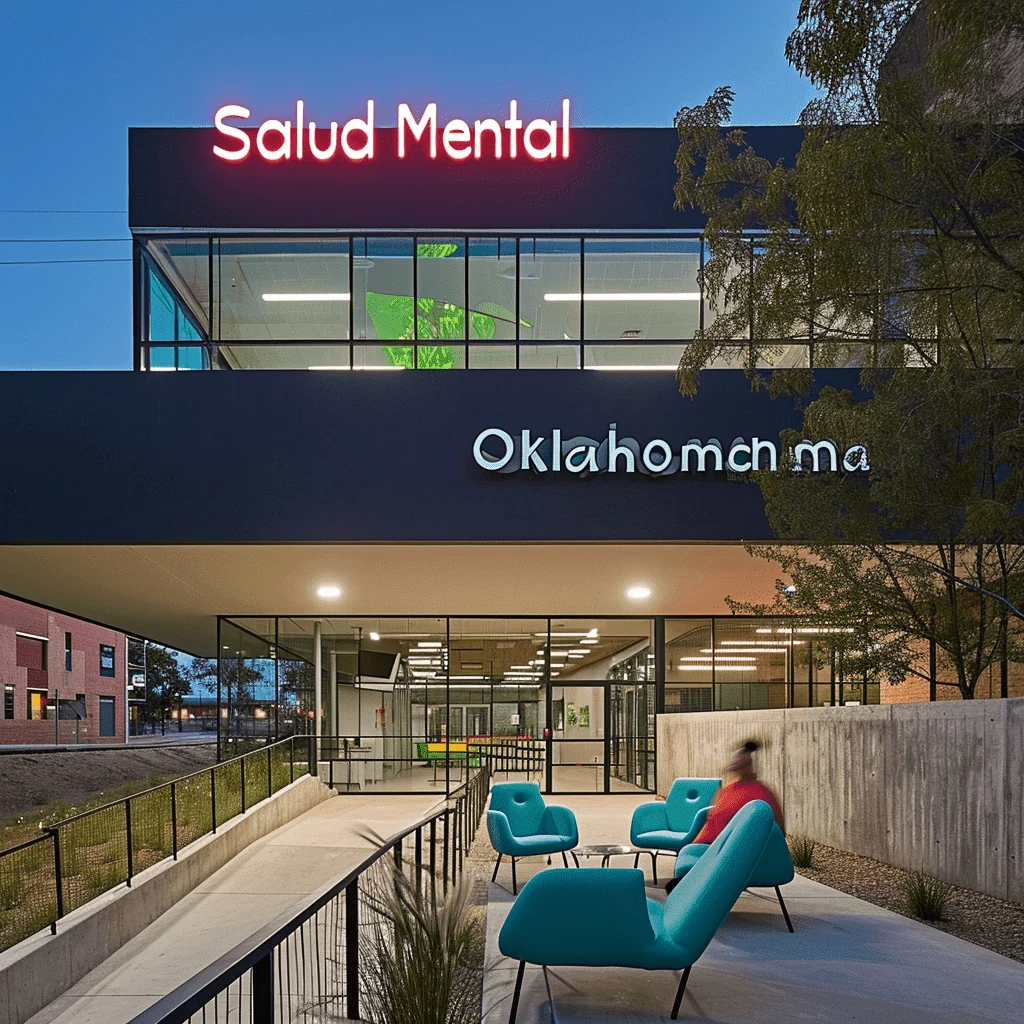 Modern and vibrant exterior of Salud Mental Oklahoma clinic, featuring a sleek design with a bright neon 'Salud Mental' sign, inviting seating area, and large windows offering a glimpse into the welcoming interior.