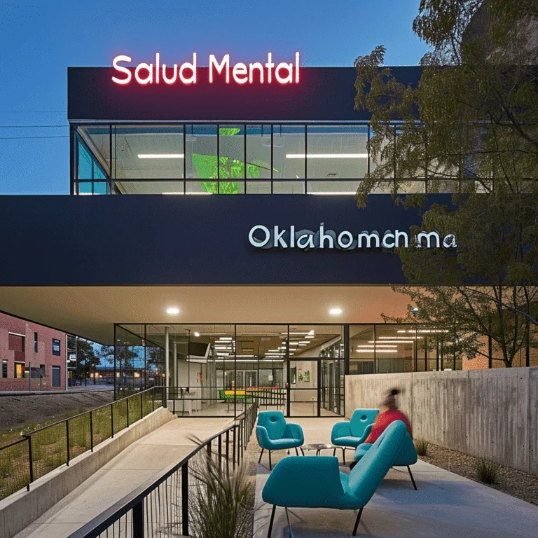 Modern and vibrant exterior of Salud Mental Oklahoma clinic, featuring a sleek design with a bright neon 'Salud Mental' sign, inviting seating area, and large windows offering a glimpse into the welcoming interior.