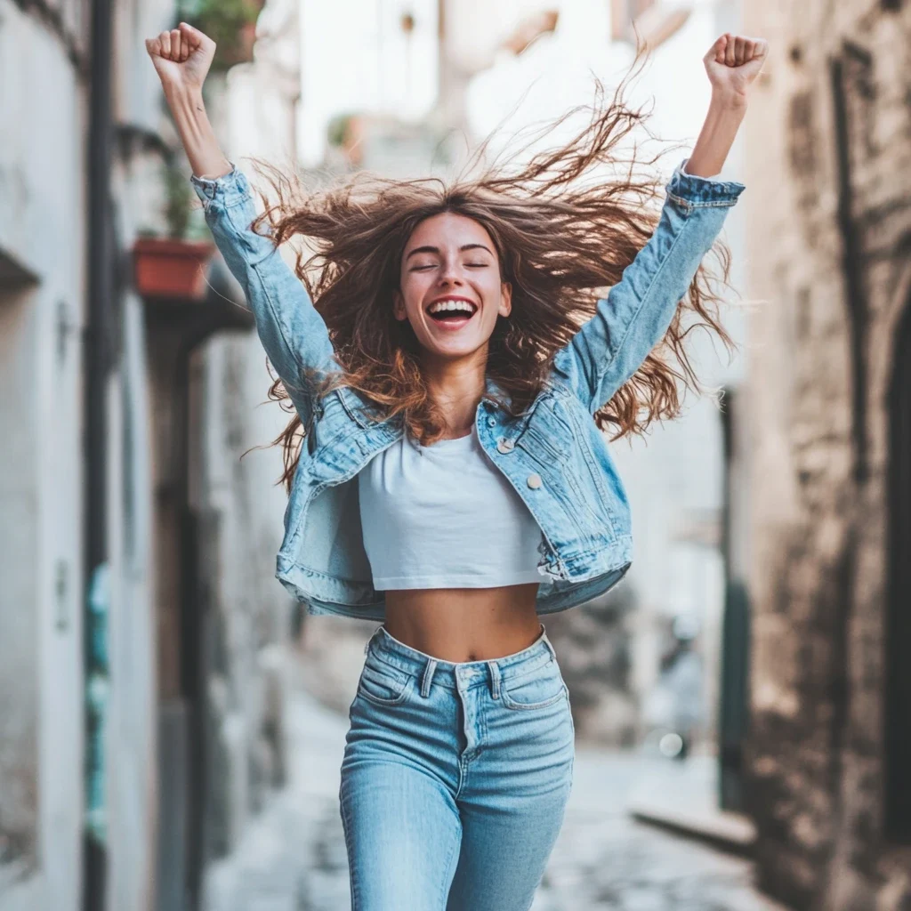 Joven mujer sonriendo con entusiasmo mientras levanta los brazos en señal de victoria, mostrando felicidad y empoderamiento. Ideal para representar el tema 'Cómo superar a tu ex' con energía positiva y libertad.