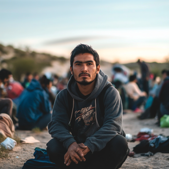 Joven sentado al aire libre entre una multitud, mirando al frente con una expresión de determinación. La imagen captura un momento de resiliencia y reflexión, simbolizando el espíritu de 'Defiende tu futuro' frente a los desafíos.