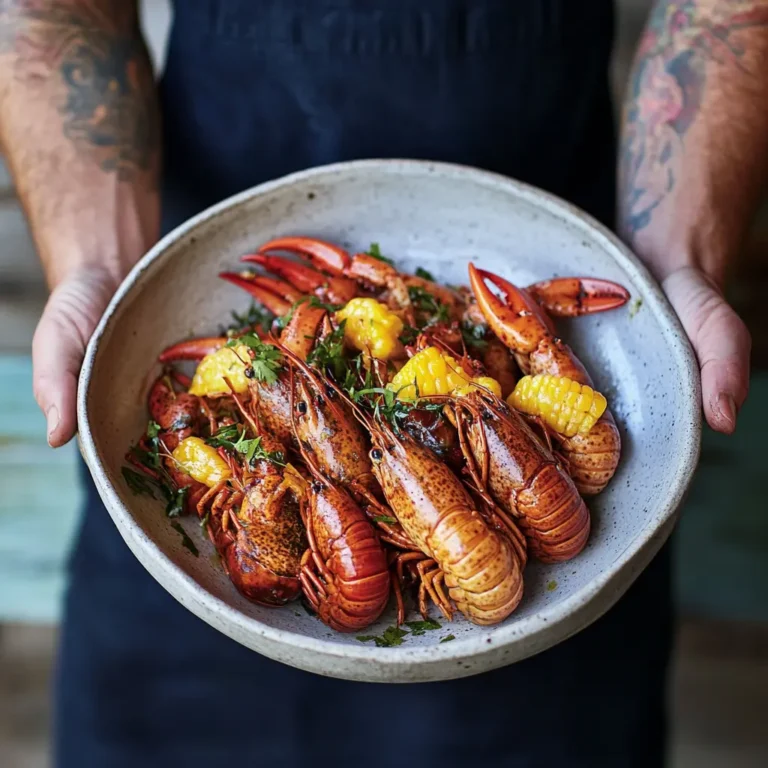 Crawfish estilo Louisiana servidos en un plato rústico de cerámica, adornados con hierbas frescas y trozos de maíz. Los crawfish están perfectamente sazonados, mostrando las vibrantes cáscaras rojas y los sabores característicos de esta deliciosa especialidad sureña.