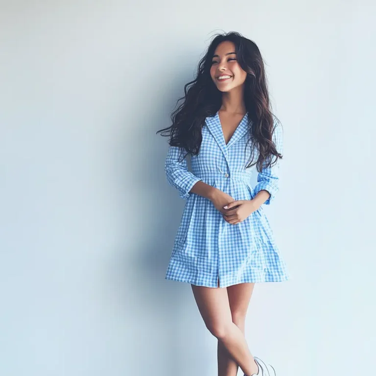 Mujer joven sonriente con cabello largo y ondulado, vistiendo un vestido de cuadros azul y blanco, de pie junto a una pared blanca. Perfecta para un paseo relajante después de comer