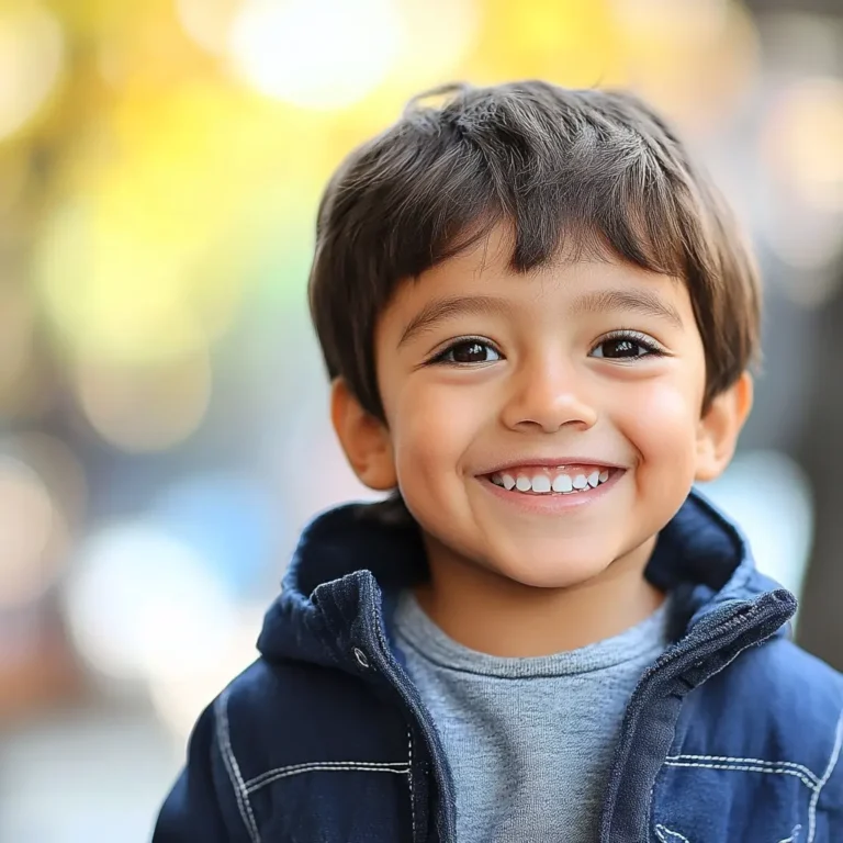 Niño sonriente con chaqueta azul y fondo desenfocado; ideal para ilustrar temas relacionados con "Criar Niños Seguros" o fomentar la autoestima y la felicidad en la infancia.