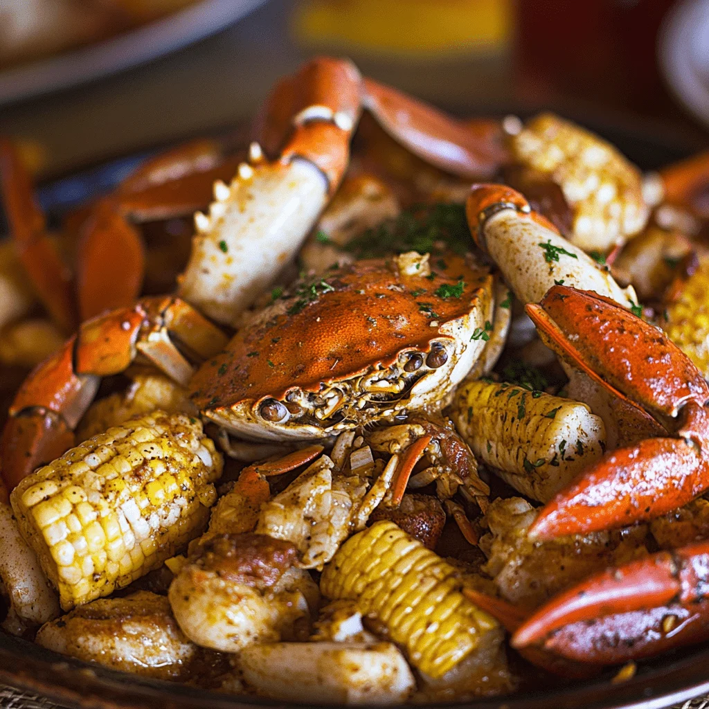 Crab boil perfecto: cangrejos, camarones y maíz sazonados con especias cajún sobre un plato abundante.