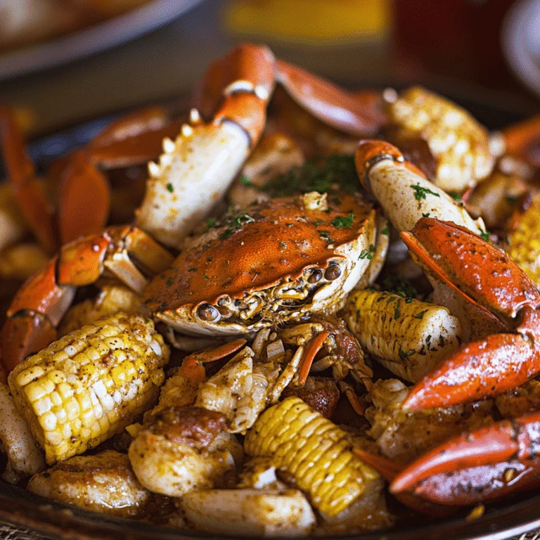 Crab boil perfecto: cangrejos, camarones y maíz sazonados con especias cajún sobre un plato abundante.