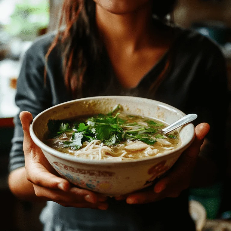 Una persona sosteniendo un tazón humeante de sopa vietnamita con cilantro, fideos de arroz y un caldo fragante, representando cómo hacer Pho.