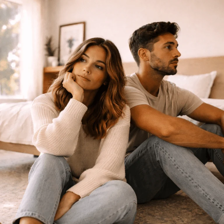 Pareja hispana sentada en el suelo de una habitación iluminada por luz natural, con expresión pensativa y distancia emocional, representando la desconexión en relaciones y las desventajas de ser la pareja “fácil”, incluyendo dificultad para expresar emociones, evitar conflictos, ansiedad en la relación y falta de comunicación en pareja.