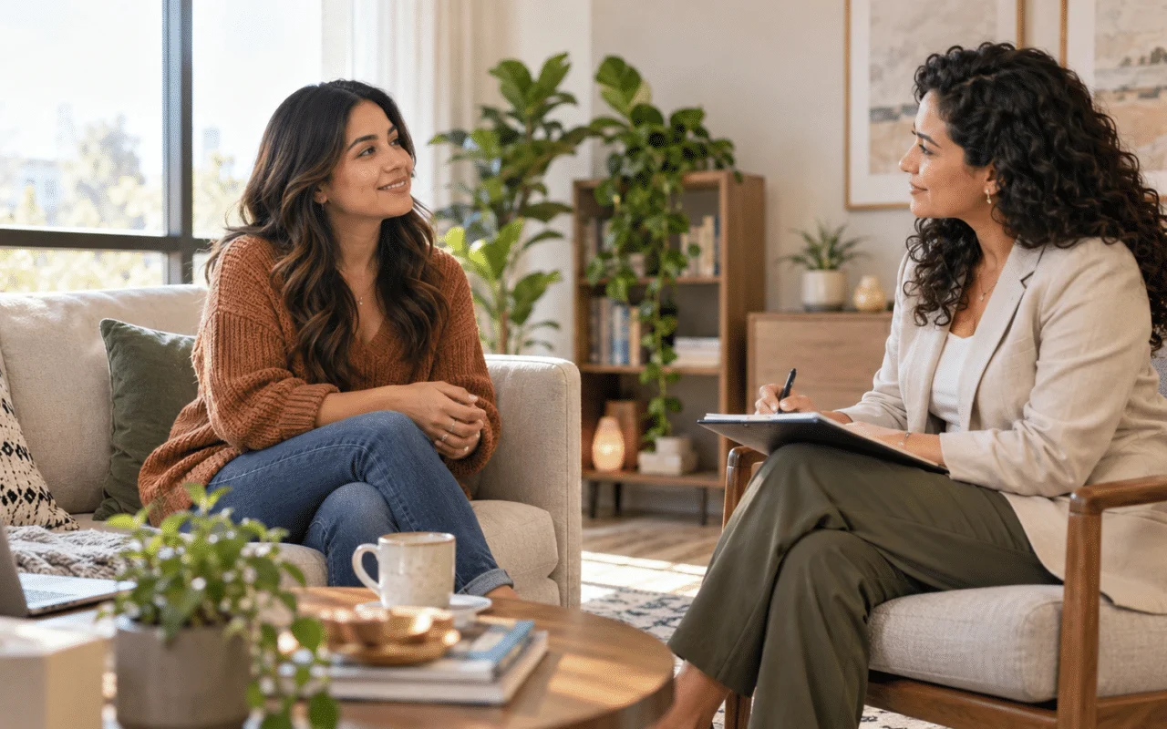 Mujer conversa con una psicóloga hispanohablante que la escucha y toma notas en un consultorio luminoso y acogedor.